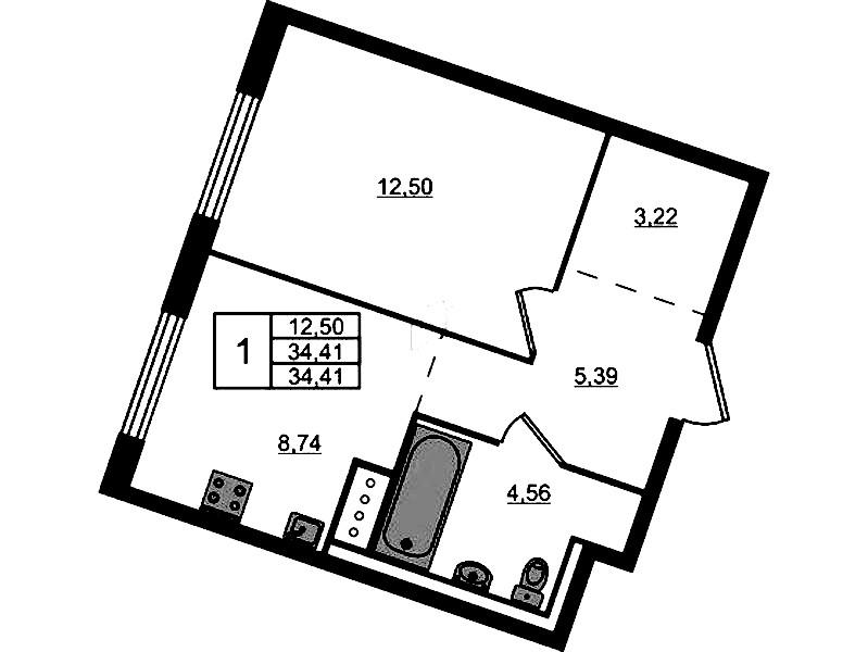1-комнатная квартира 34.41 м², 3/9 эт., ЖК «Квартал Лаголово»